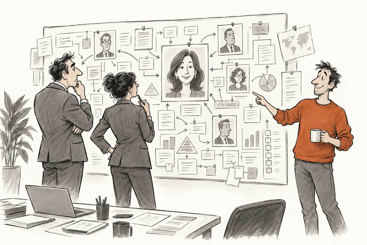 An elaborate account campaign is being planned while a colleague recognises someone the team is trying to reach. The useful connection is already in the room.
