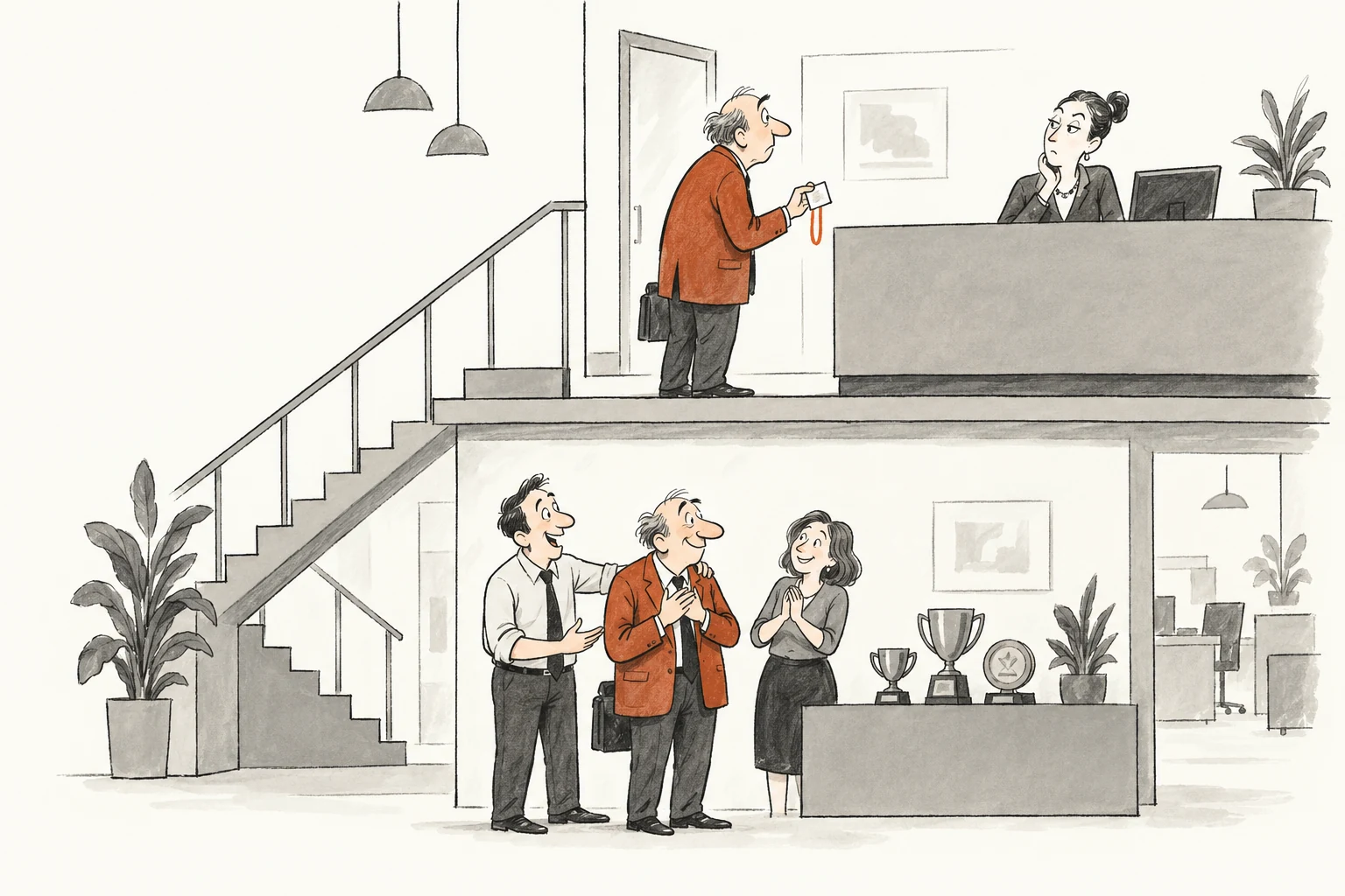 A long-serving supplier is celebrated by colleagues on one floor of a client building, then treated as an unfamiliar visitor at reception on the floor above.