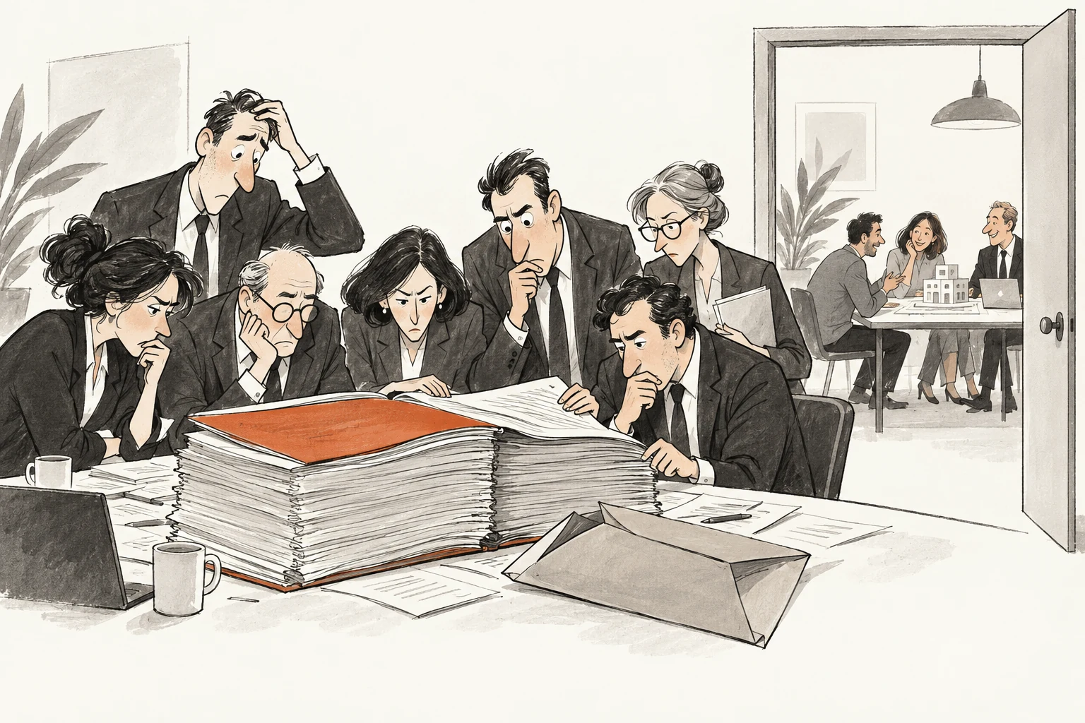 A crowded bid team studies an enormous tender while a smaller group is already in a familiar working discussion in the next room.