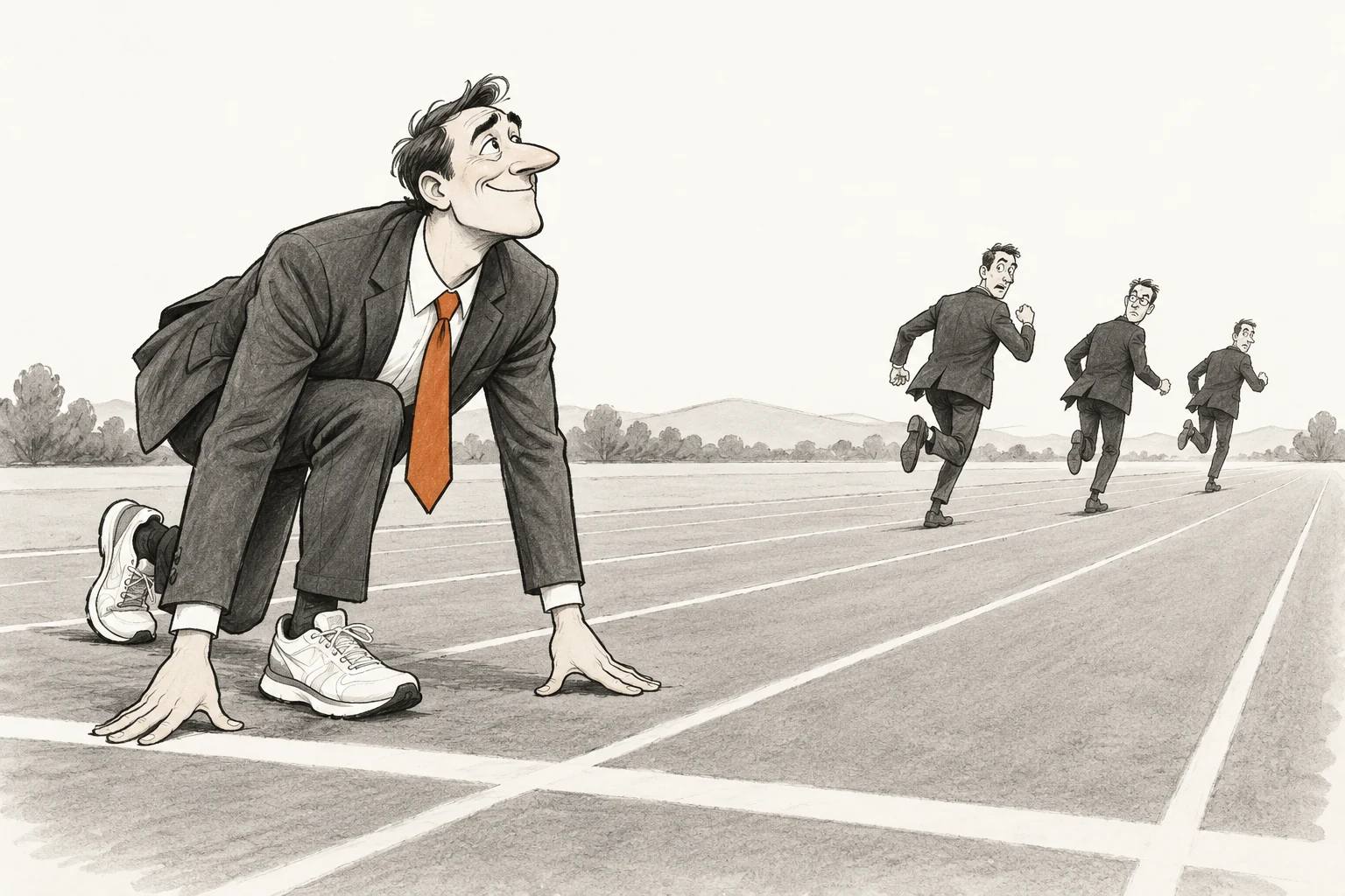 A confident executive crouches at the starting line in a suit and running shoes while three competitors are already well down the track.