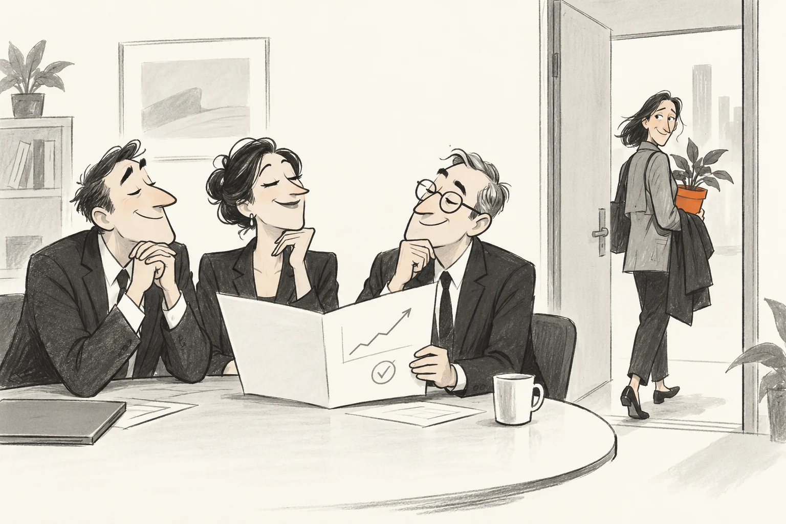 An account team presents a reassuring relationship report while its sole client sponsor leaves the office carrying a plant and a coat.