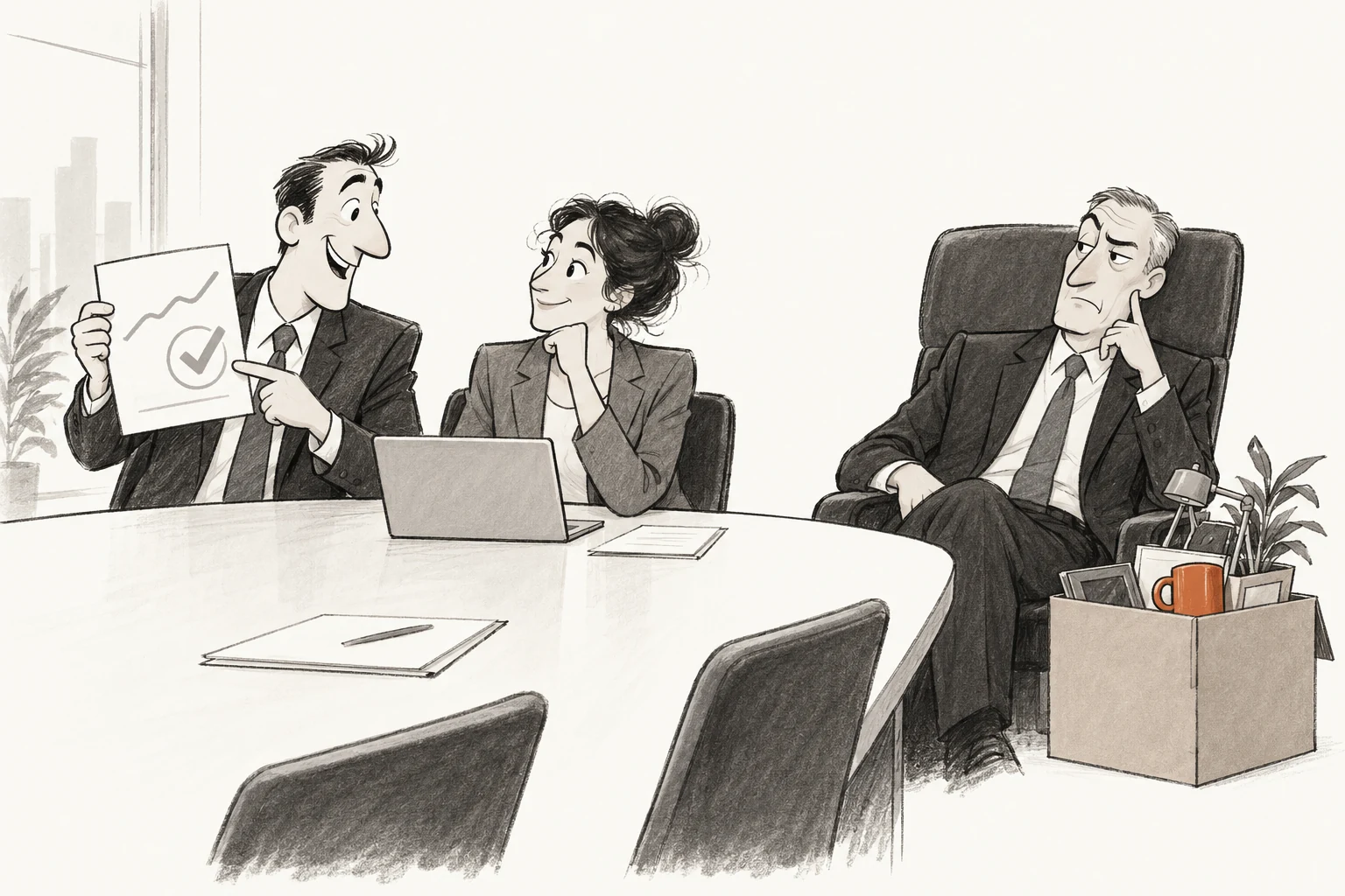 Two account team members admire a positive report while the new sponsor sits beside them looking unconvinced, a box of office belongings still at his feet.