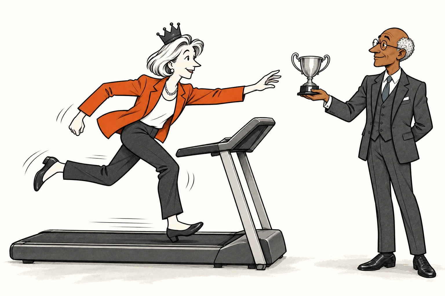 The recurring silver-haired CEO runs on a treadmill, reaching towards a trophy held by Malcolm, the board chair; accepting it would require her to stop.