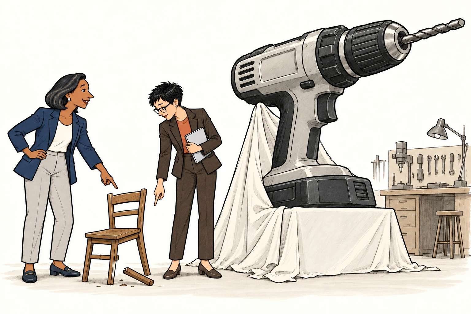 Sade and Lin both attend to a small chair with a broken leg while an enormous drill looms beside them.