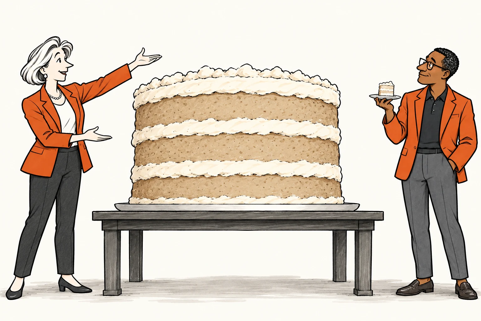 The recurring silver-haired CEO gestures towards an enormous cake while the enterprise leader holds a plate with a tiny slice.