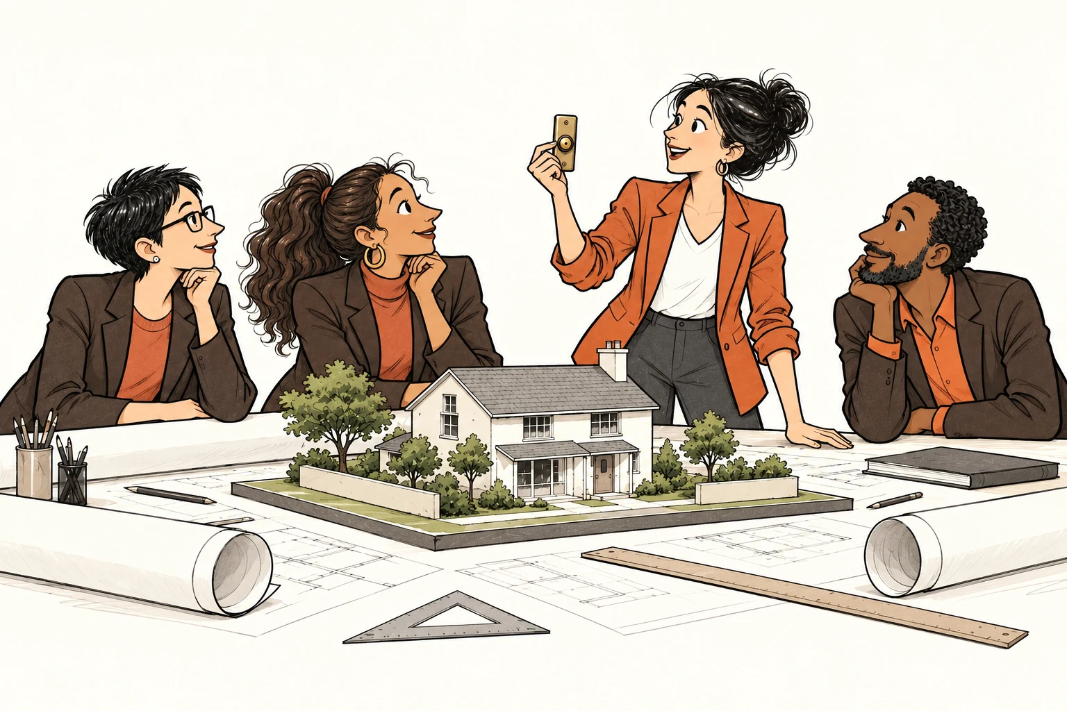 The recurring founder holds a small doorbell while Lin, Sofia and Hassan examine it around a detailed house model and plans.