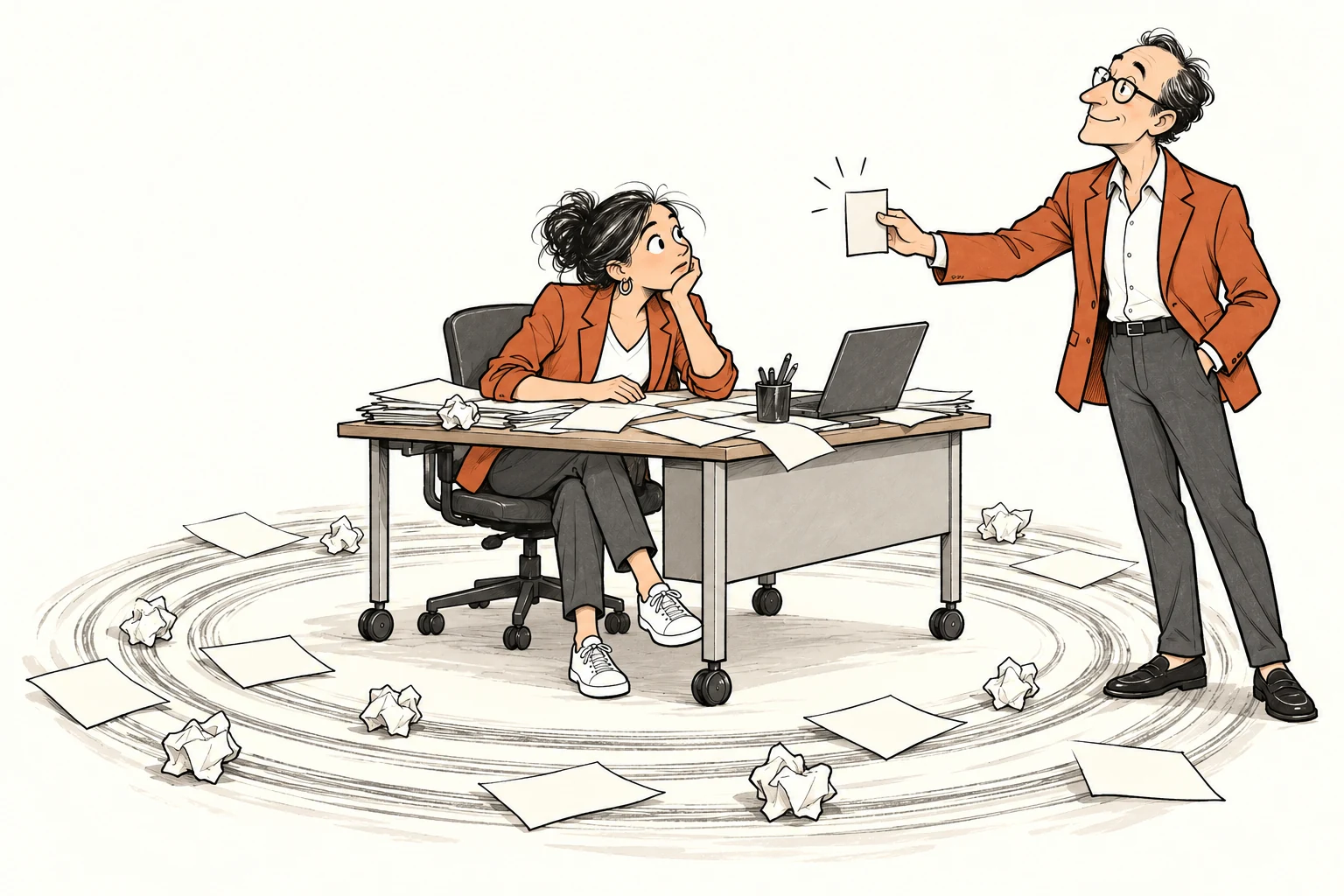 The recurring investor presents a tiny invoice to the founder, whose wheeled desk has left repeated circles on the floor.
