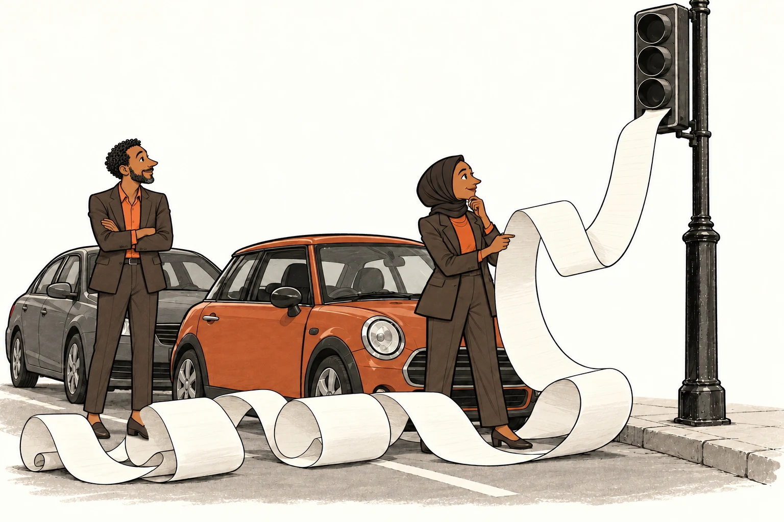 Safiya studies a long paper scroll emerging from an unlit traffic signal while Hassan waits beside the queued car.