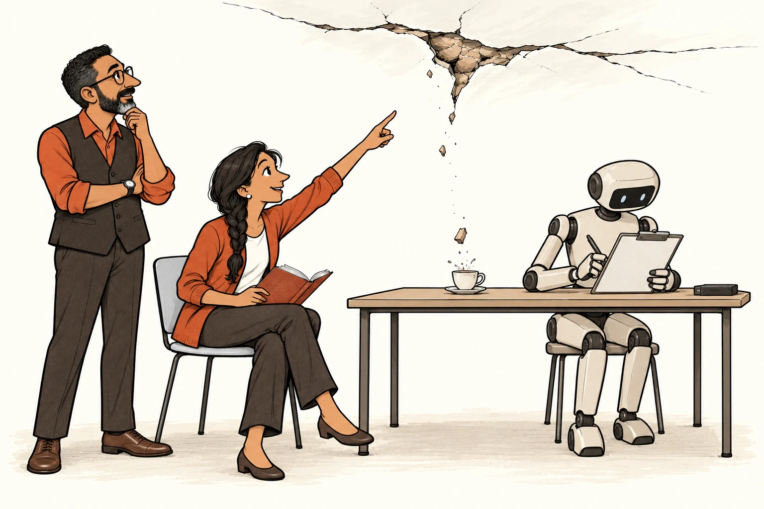 Meera points to a cracked ceiling while Imran also notices the problem; a mechanical examiner continues processing its form as plaster falls into a cup.