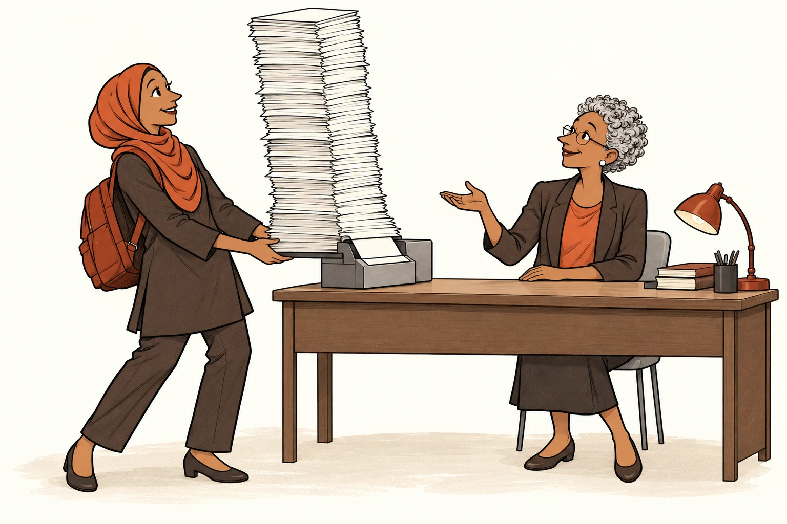 Amina encounters a towering pile of prerequisite papers from an automatic dispenser while Ruth, the learning coach, welcomes her from the table beyond it.