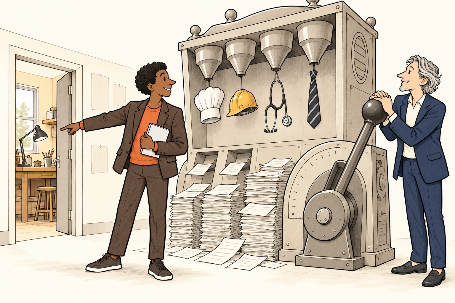 Kwame, a fictional young adult learner, points towards a workbench while Julian, the recurring adviser in navy, stands beside an absurd career-choice machine.