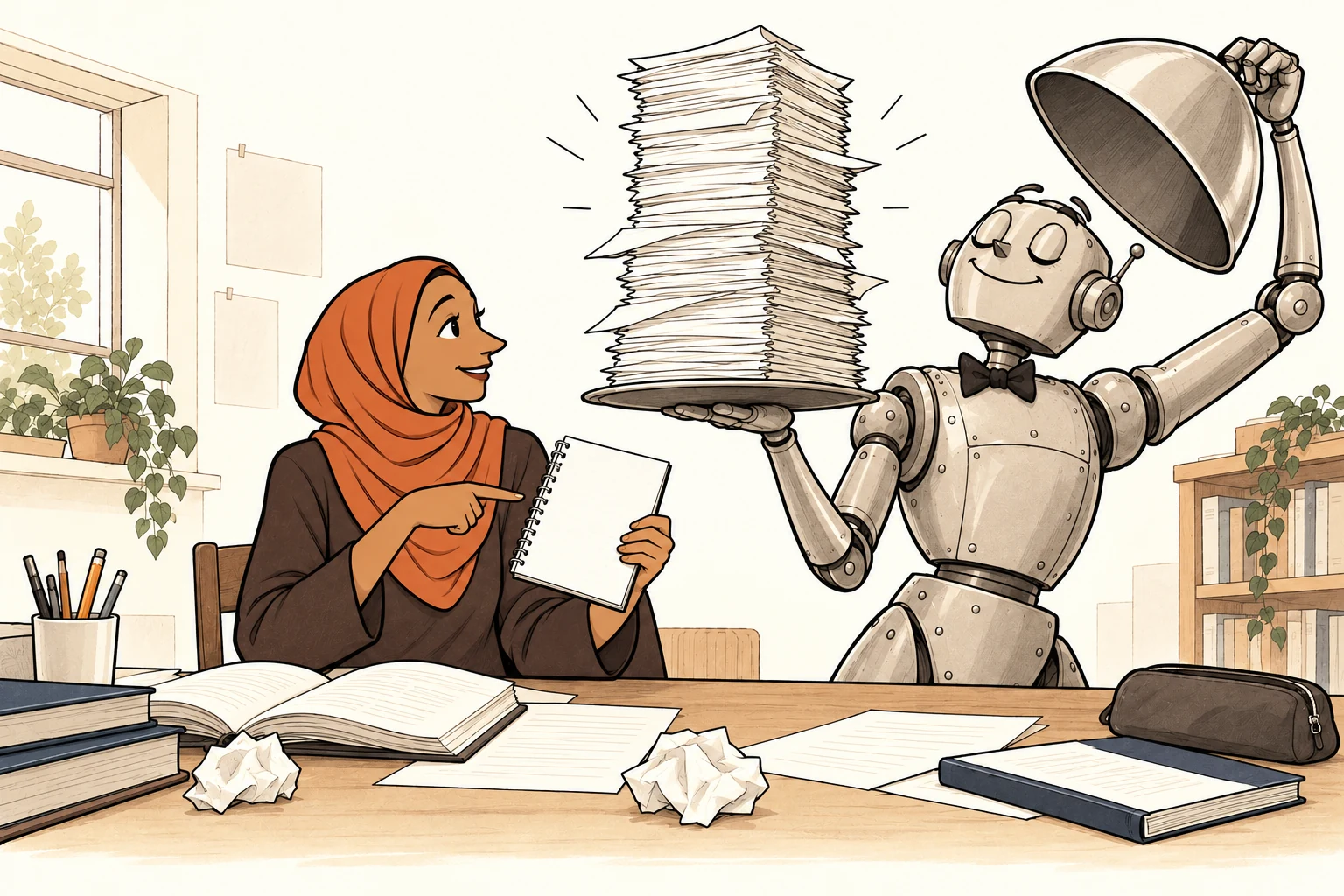 Amina, the recurring adult learner in a terracotta hijab and espresso tunic, points to her notebook while a mechanical server unveils a towering pile of completed worksheets.