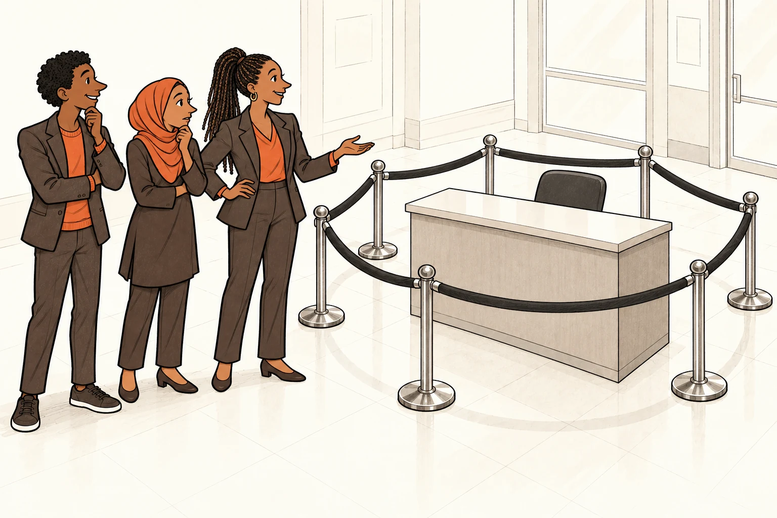 Kwame and Amina inspect a closed loop of queue barriers around an empty desk, with talent specialist Zola helping them examine the obstacle.