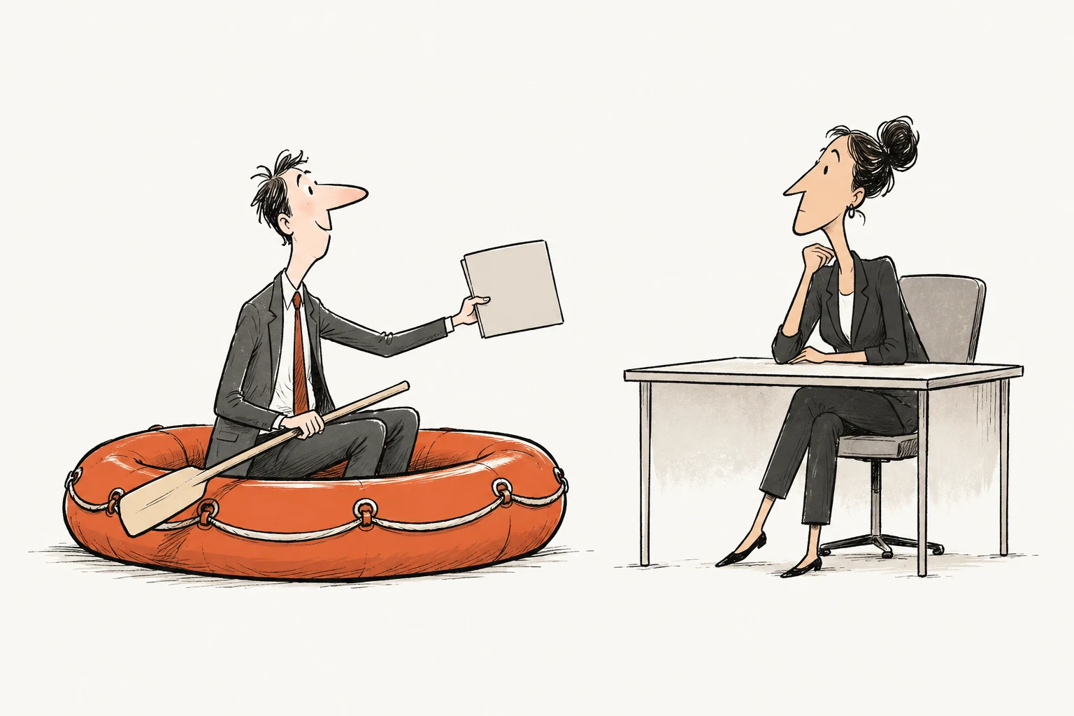 A founder pitches from an orange lifeboat on the floor of an investor’s office. The investor watches from behind her desk.