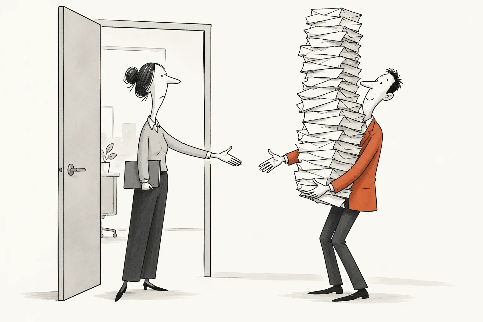 A founder and buyer try to shake hands, but a towering stack of follow-up envelopes gets in the way.