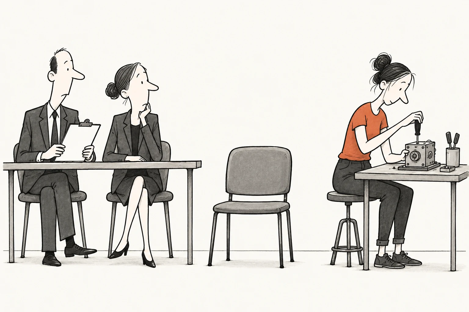 An interview panel waits beside an empty chair while the candidate works at a nearby bench.
