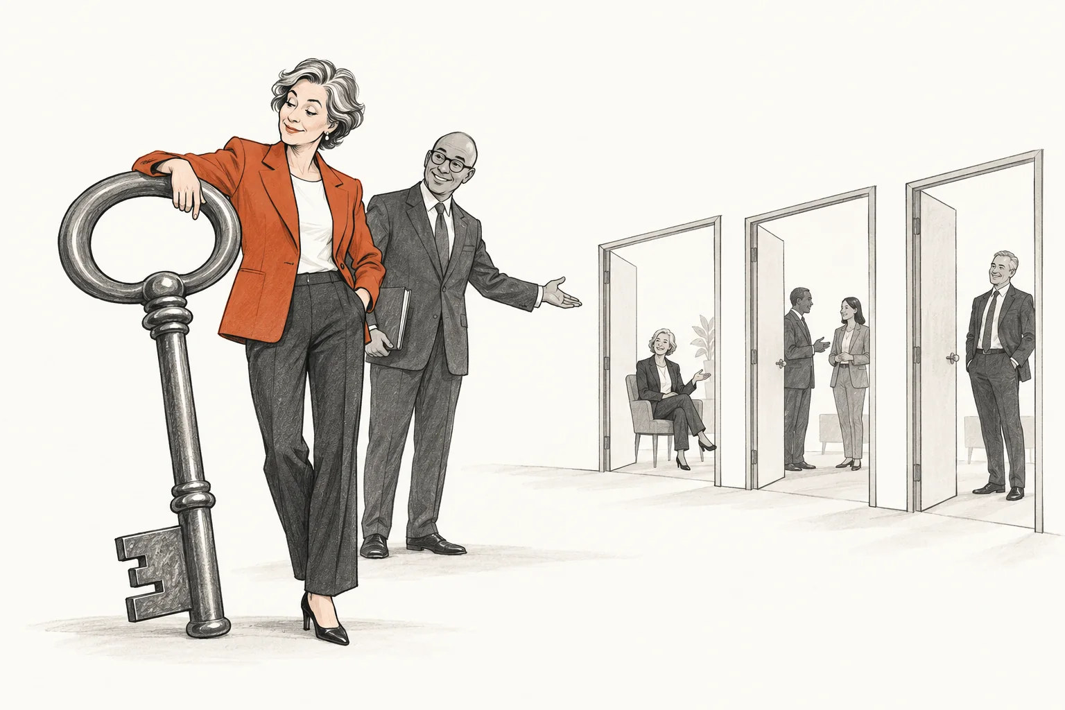 A confident executive in a terracotta jacket leans on an enormous key while an aide gestures towards people waiting in three open doorways.