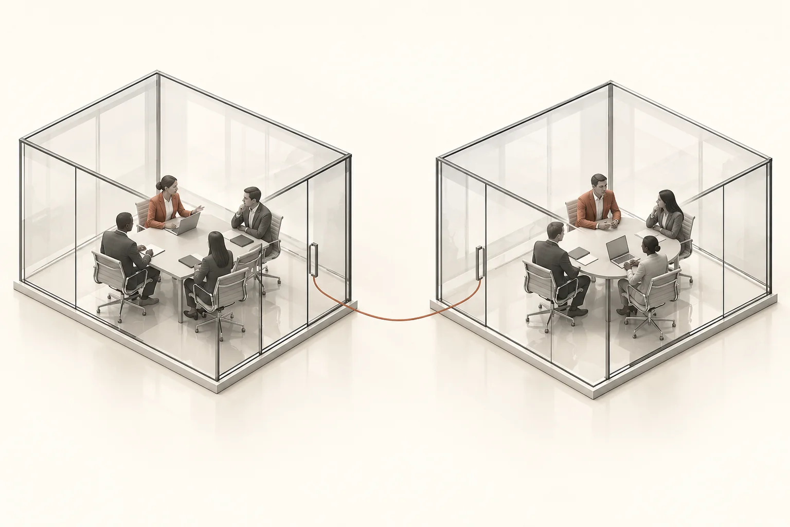 Two connected glass decision rooms: the people shaping consideration and the people choosing a supplier.