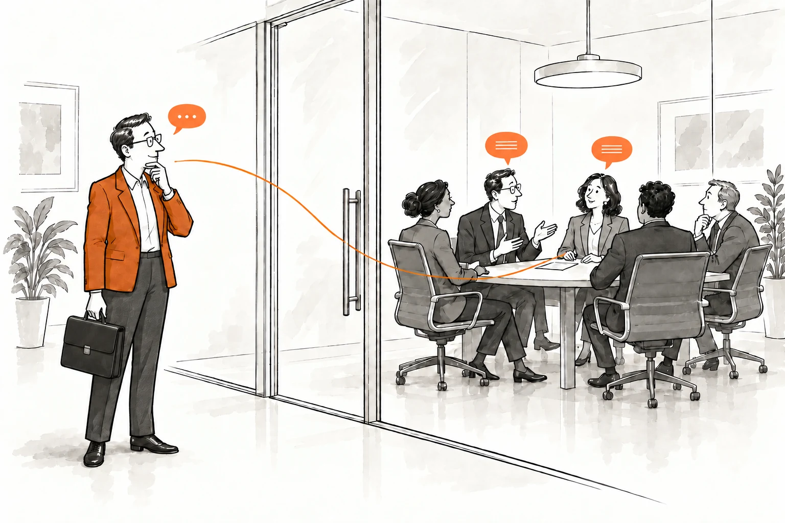 An executive in a terracotta jacket stands outside a glass boardroom. A terracotta ribbon links his speech bubble to the conversation and speech bubbles of the people meeting inside.