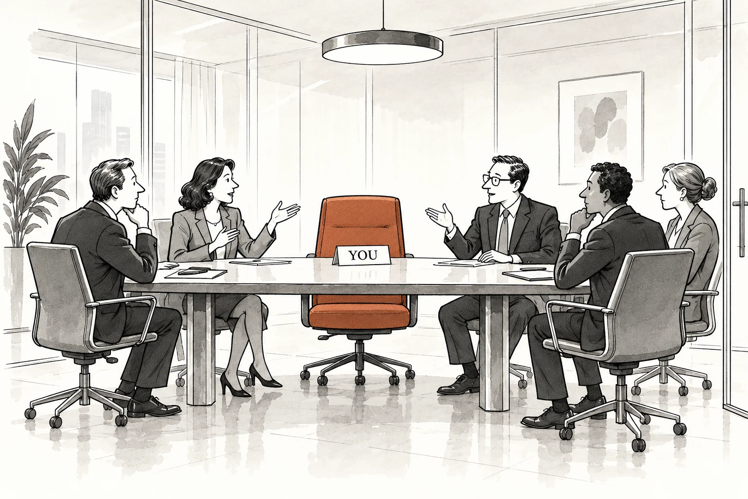 Editorial cartoon of a committee debating around a glass boardroom table. One chair is empty and terracotta, with a place card that reads YOU.