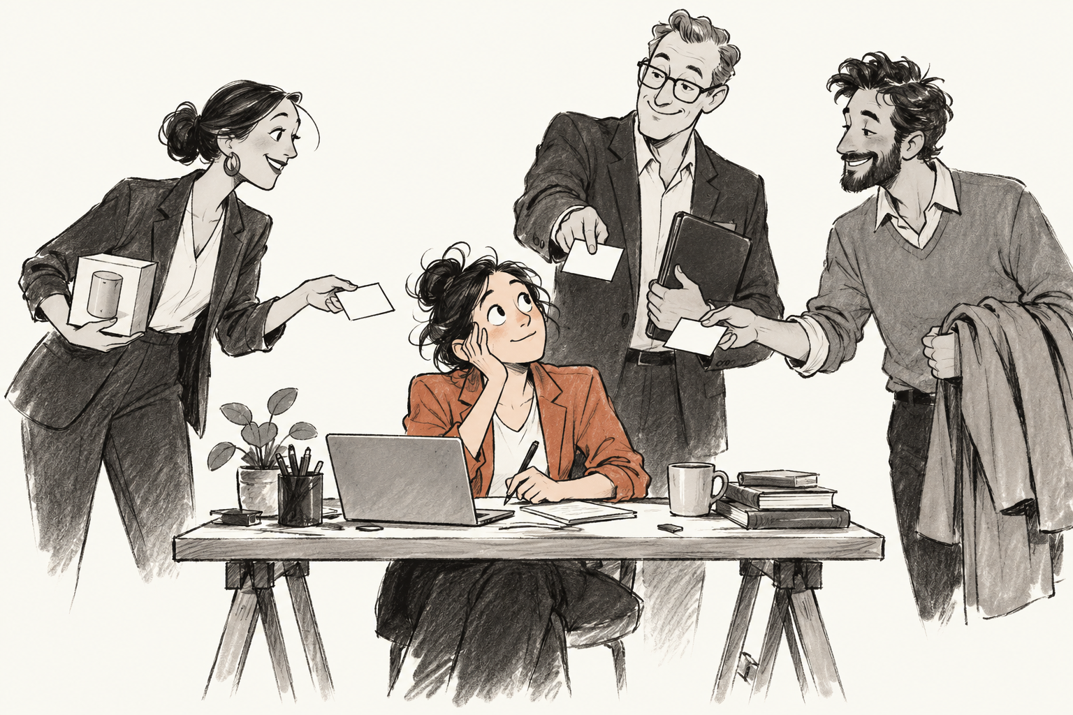A founder faces three appointments, with a buyer, an investor and a potential hire, all waiting for the same person.