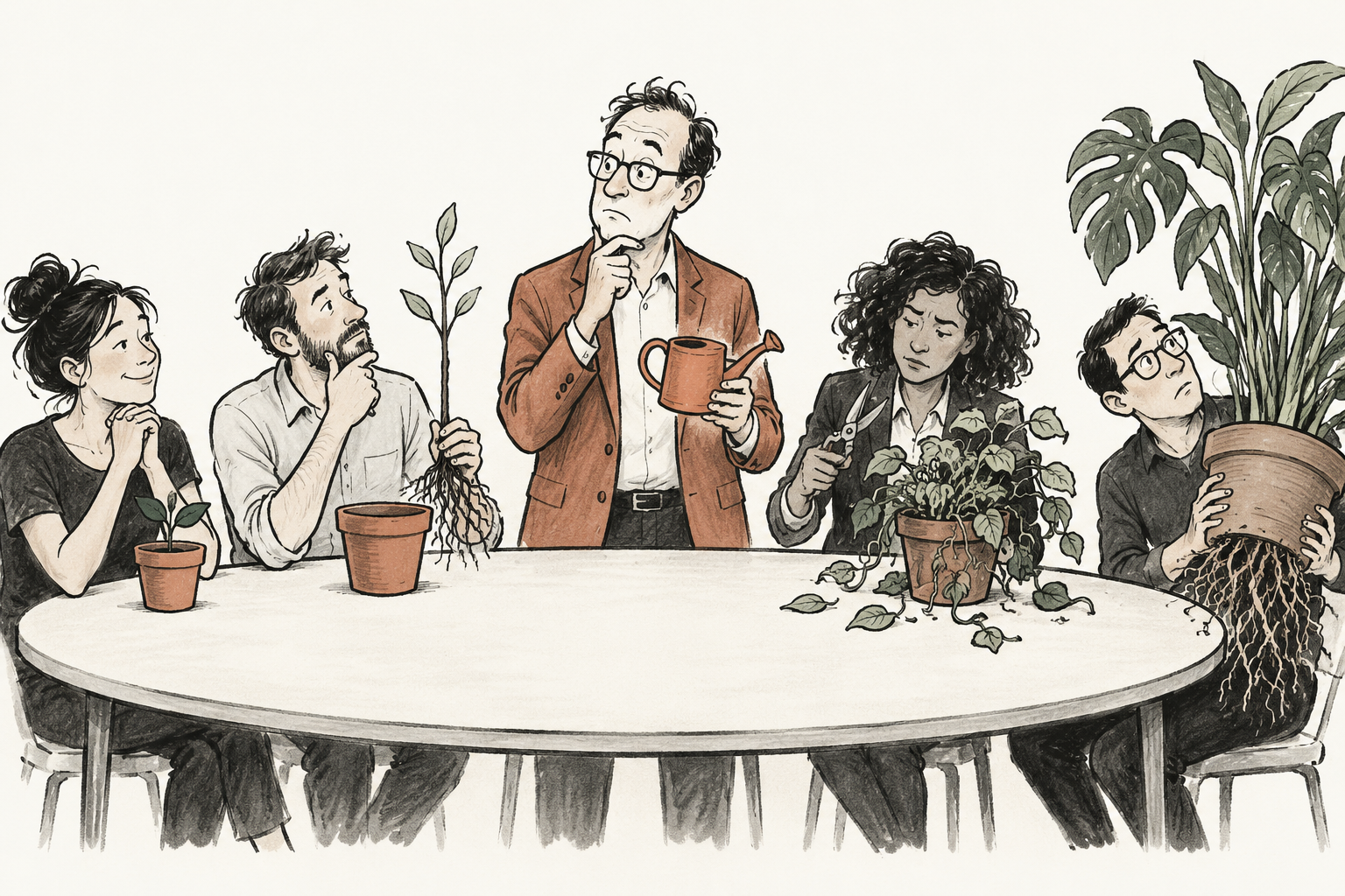 An investor considers four founders’ plants, each with different needs: a tiny plant, an unplanted sapling, a tangled plant with pruning shears and a large rootbound plant.