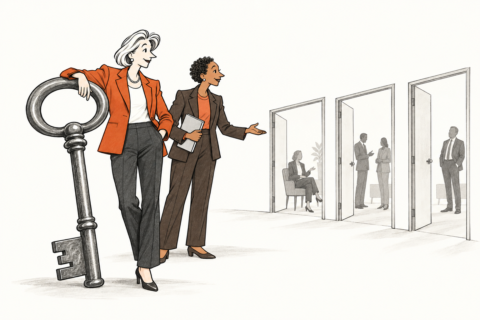 The silver-haired CEO in a terracotta blazer leans on an enormous key. Ada, her StepUp.One Client Partner in an espresso suit, gestures towards three open doors.