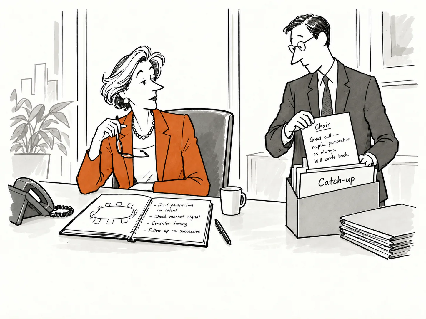 An adviser files a substantive call with a chair under casual catch-ups.