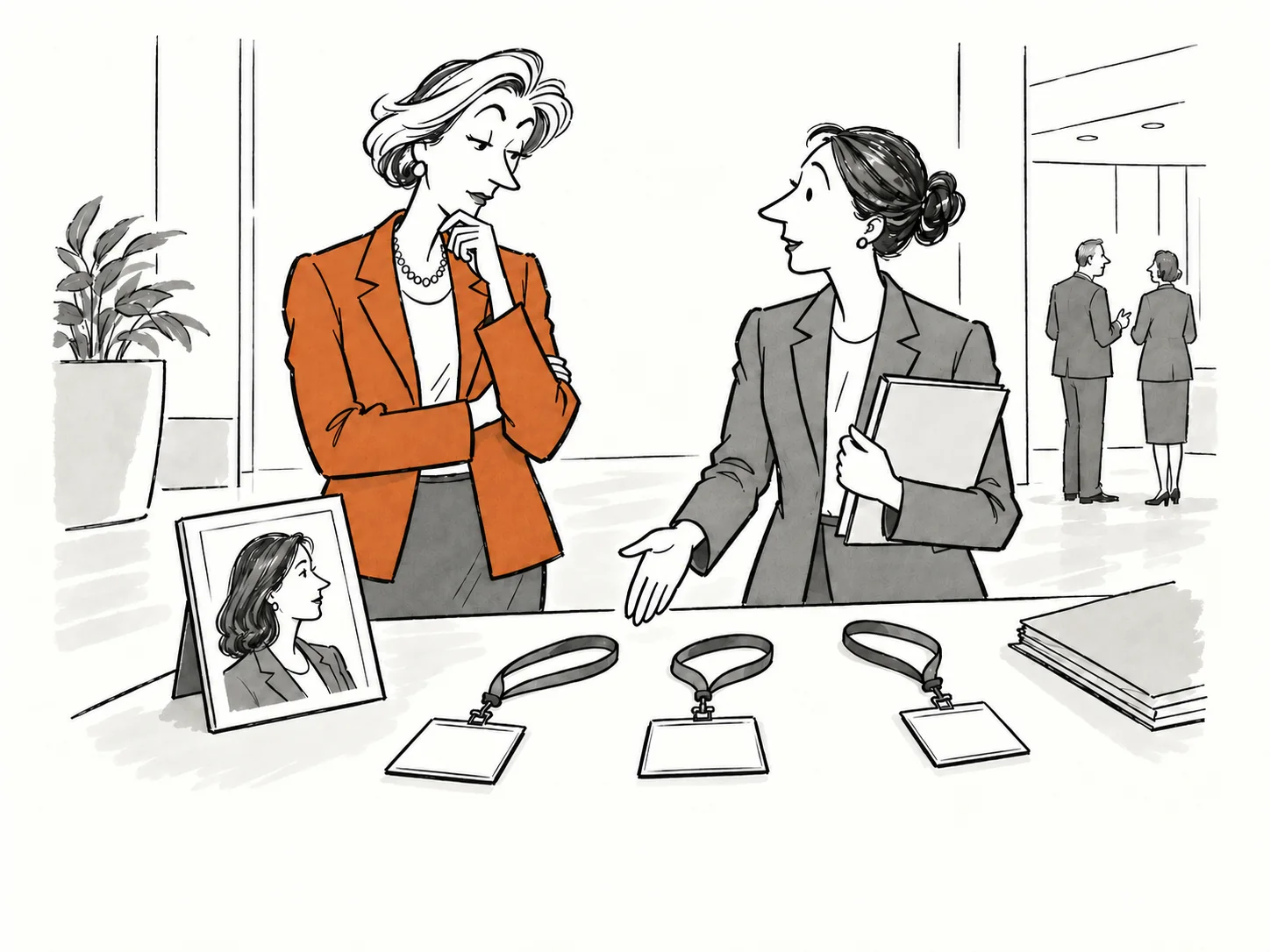 An executive studies three conference passes and the profile of someone the team is hoping to meet by chance.
