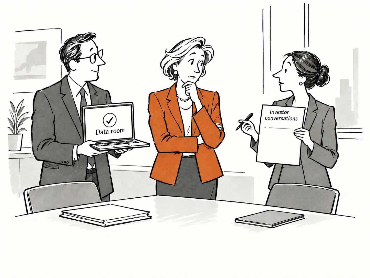 Advisers present a completed data room and a nearly blank plan for investor conversations.