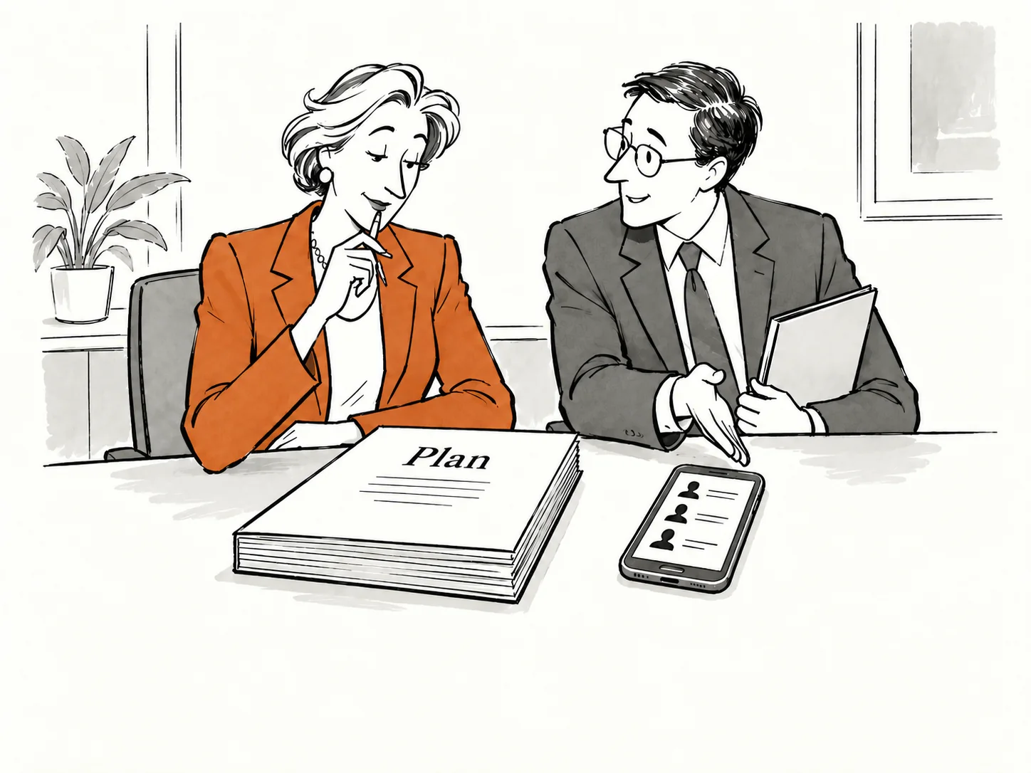A chief of staff points between the executive’s contacts and a strategy that does not include them.