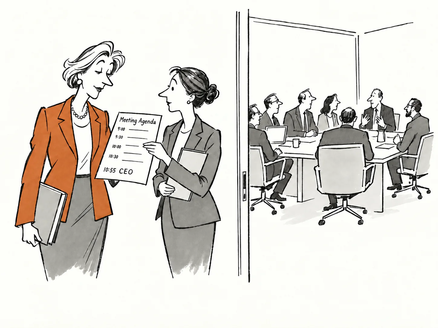 An arriving CEO is handed an agenda with their contribution reserved for the final five minutes.