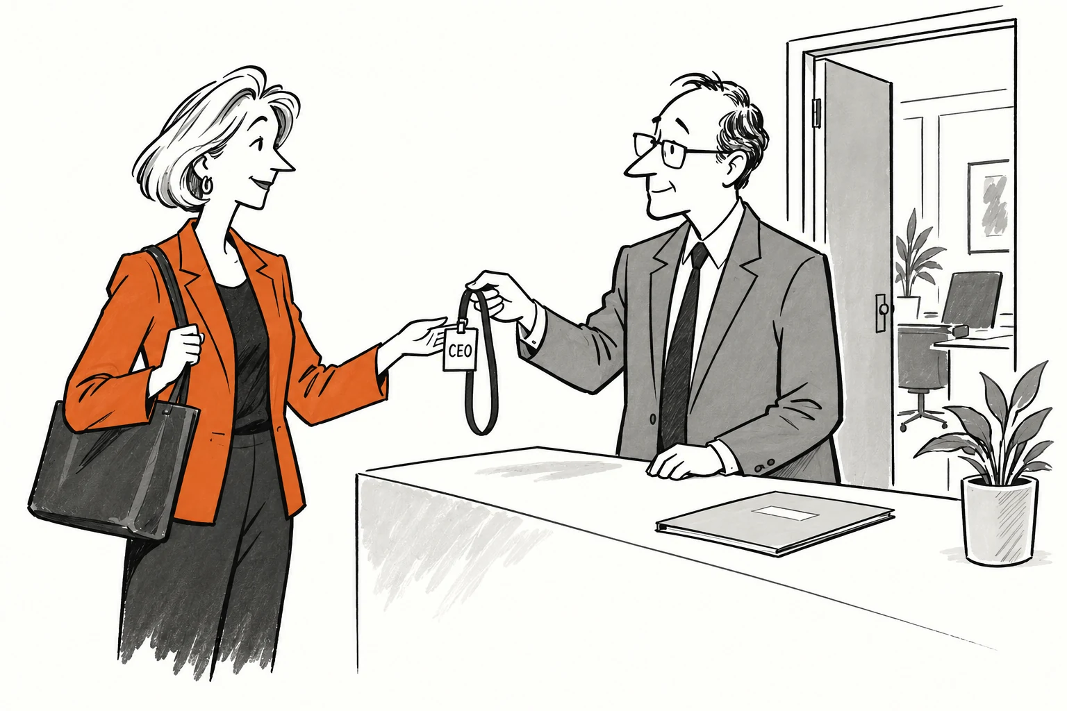 On her first day, a chief executive in an orange jacket receives a CEO access badge from a matter-of-fact HR director.