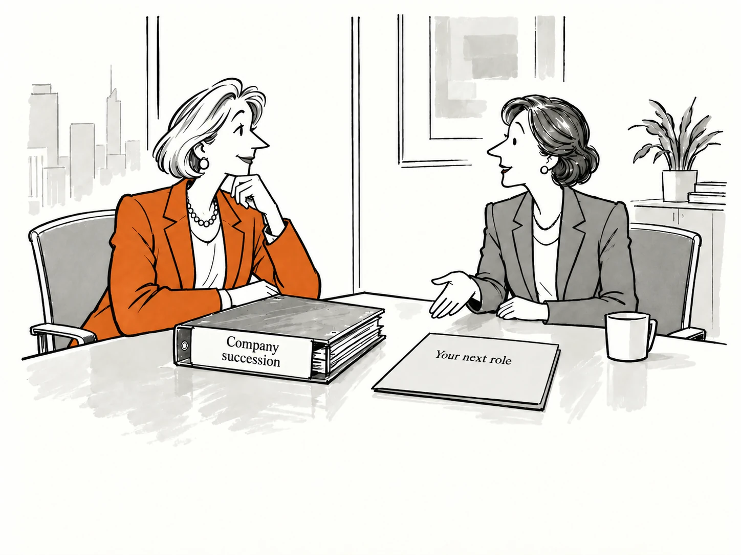 The silver-haired CEO in her orange jacket considers a complete company succession plan beside a thin folder for her own next role.
