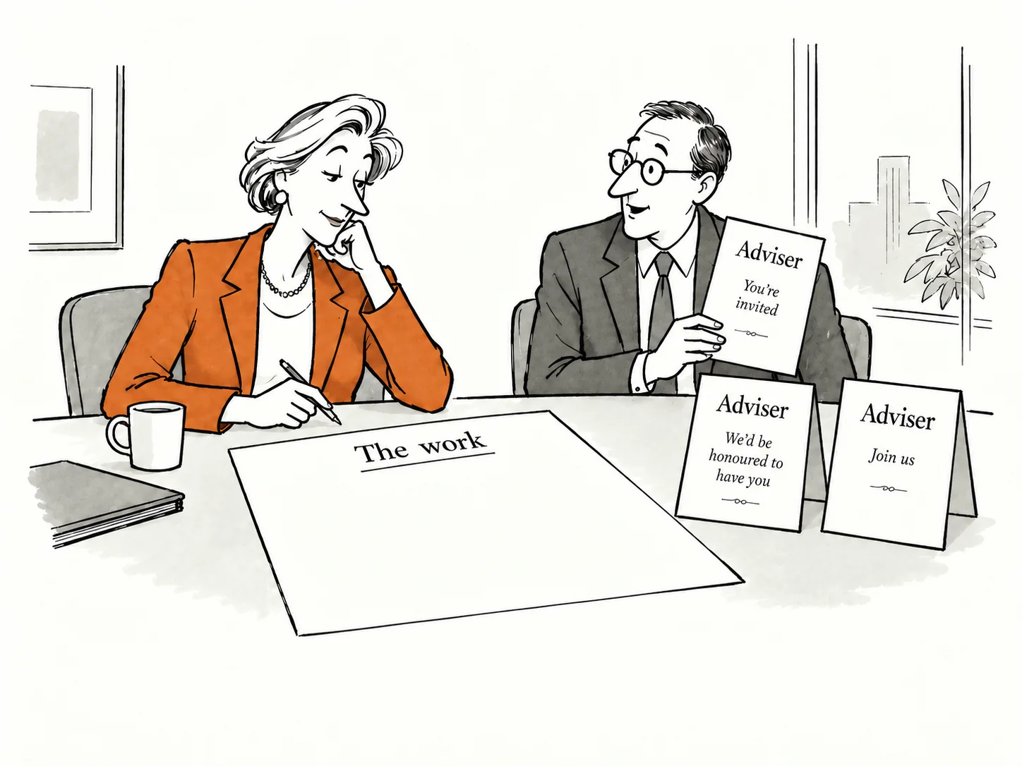 Advisory invitations surround an empty brief describing the work the executive would do.