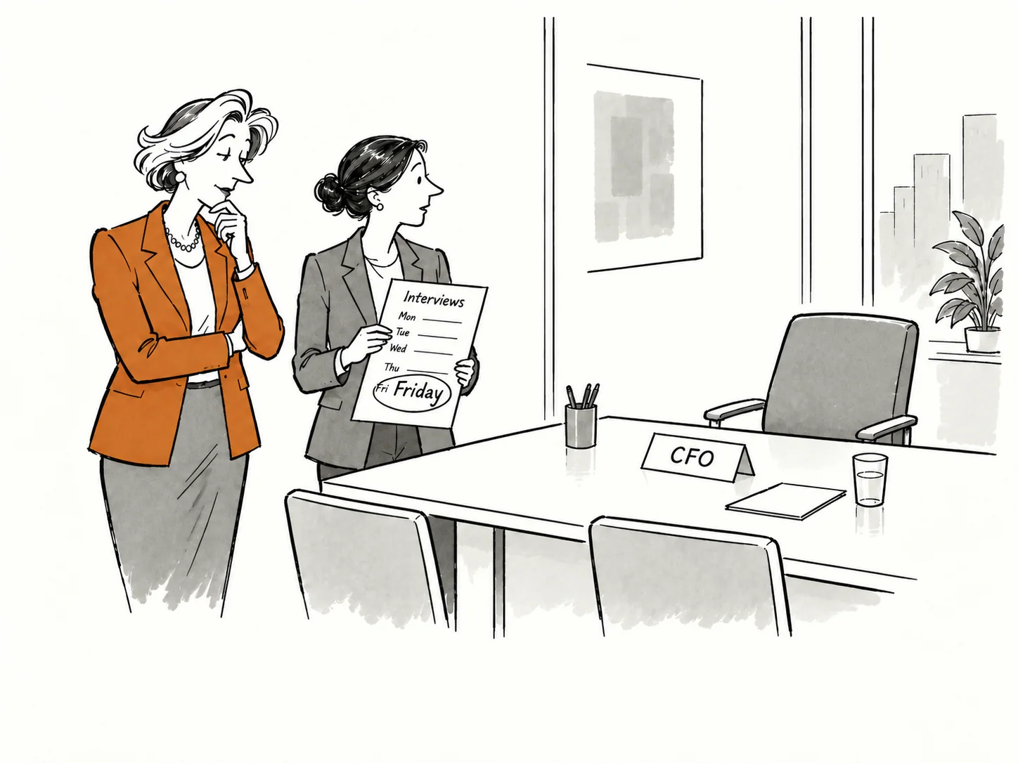 A recruiter presents a Friday deadline beside an empty CFO chair.