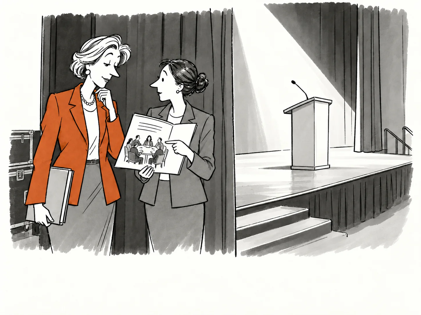 A CEO waits beside a grand stage while an adviser points to a more relevant roundtable elsewhere.