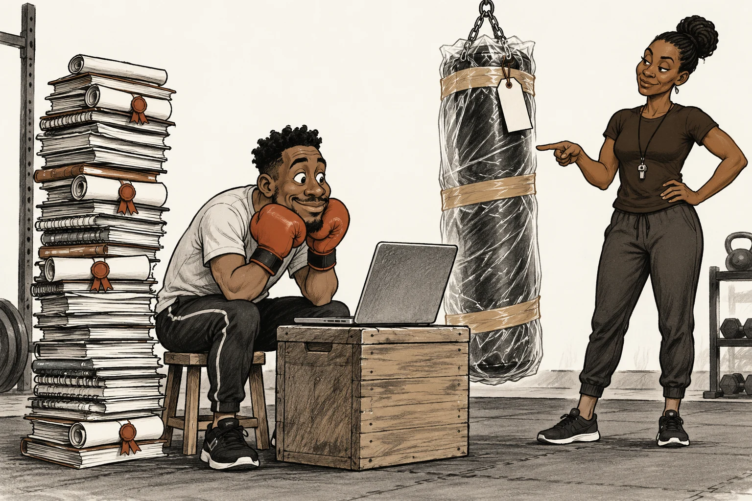 A learner watches boxing tutorials on a laptop beside an untouched punchbag still in its packaging. His coach points towards the bag.