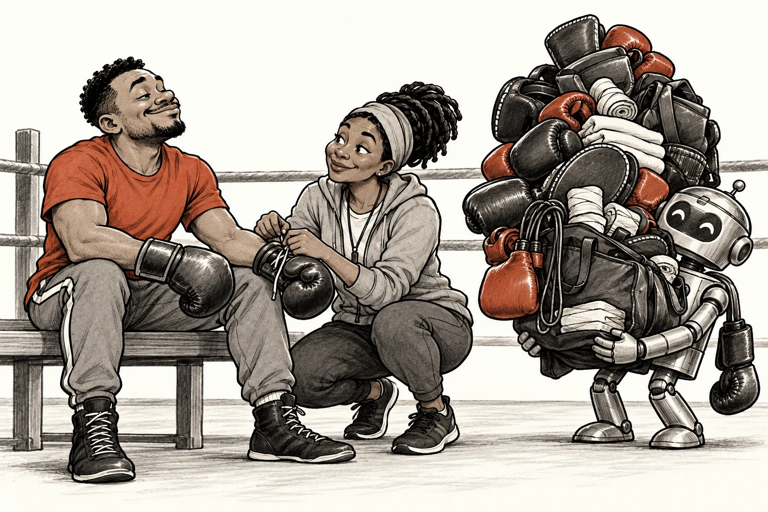 A boxing coach helps a learner fasten his gloves while an eager AI robot offers a mountain of spare equipment.