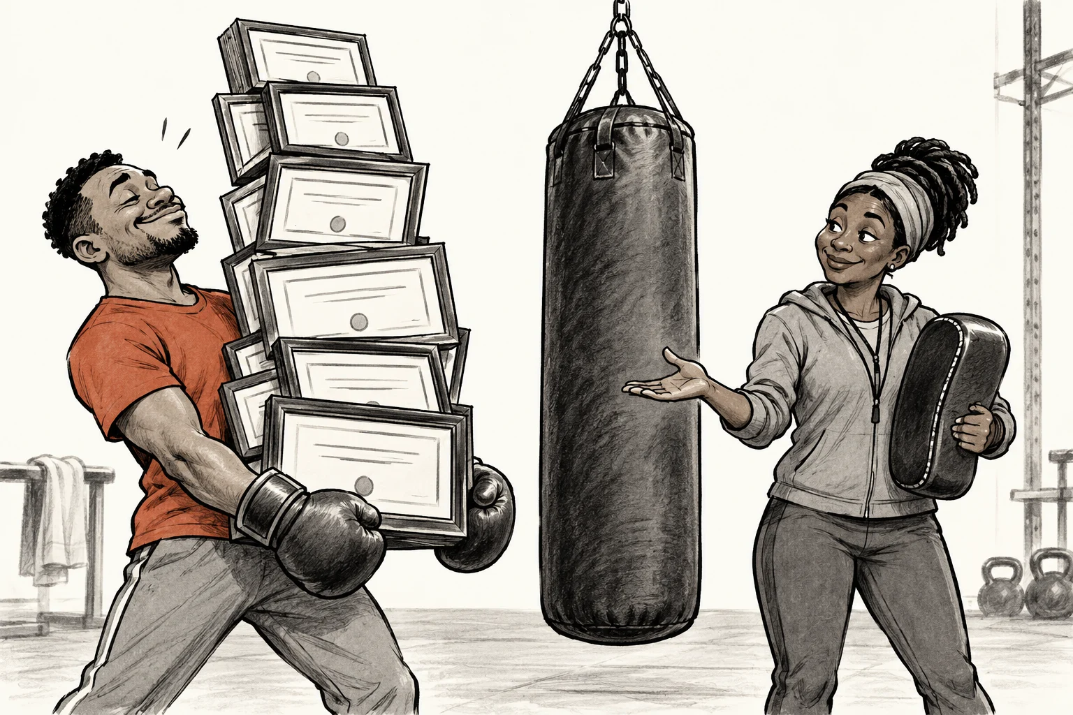 An adult learner arrives with a stack of certificates while a calm boxing coach points at a waiting punchbag.