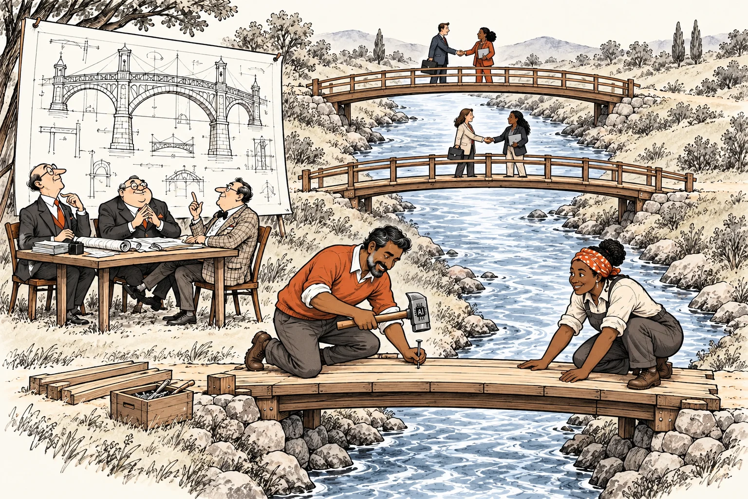 Two completed bridges clearly cross the river, with clients and refugee professionals meeting in the middle to do business. In the foreground, two people build another bridge with an AI-marked hammer while a committee discusses its blueprint.