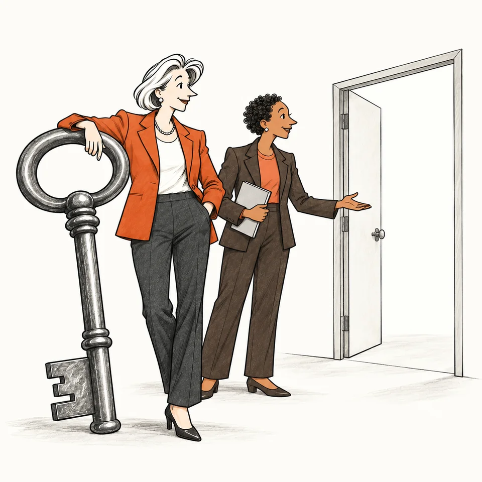 An executive with an enormous key stands beside her StepUp.One colleague, who points to an open doorway. Having the key is only the beginning.