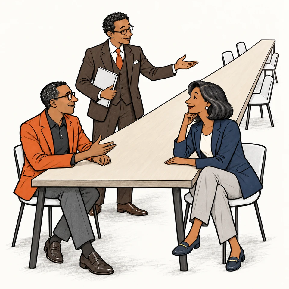 An account leader talks with one buyer at an unusually long meeting table while a StepUp.One expert points to the other empty chairs.