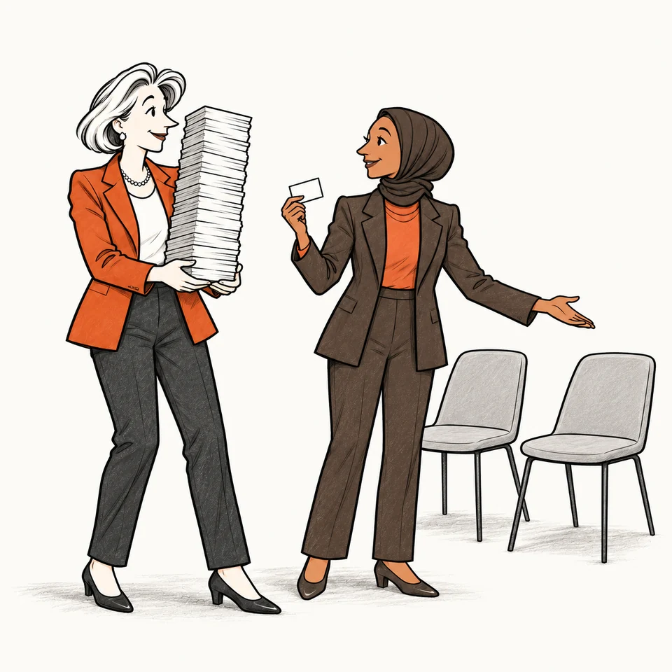 A chief executive carries a towering stack of business cards while her StepUp.One Client Partner selects one for a conversation.