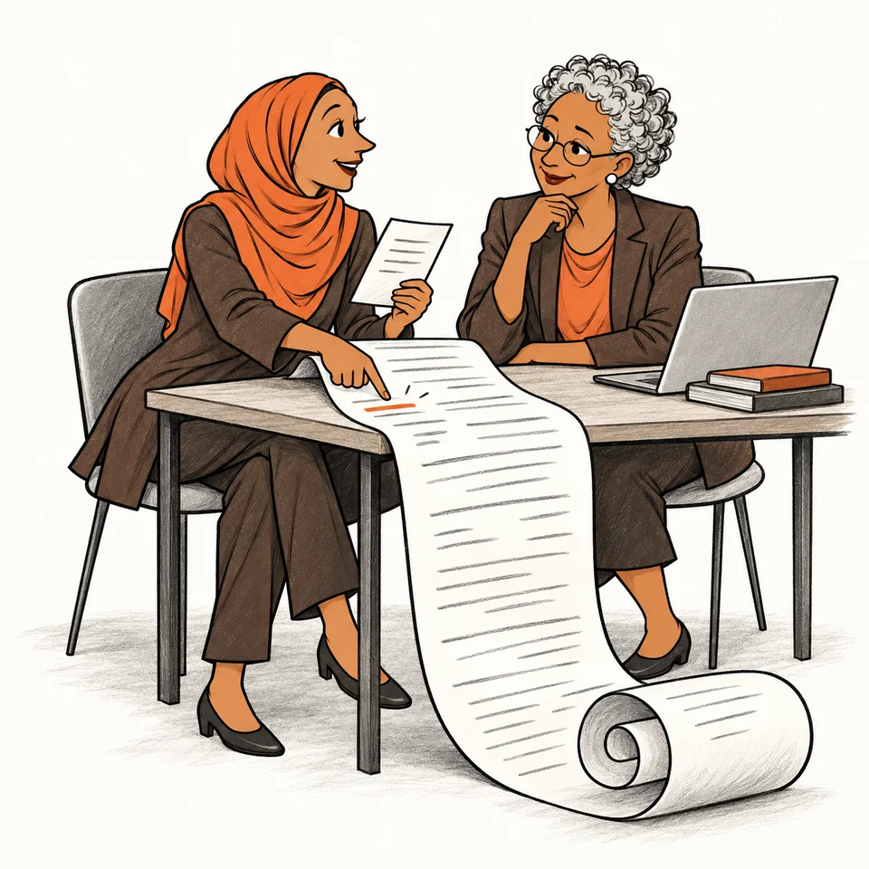 An adult learner checks a comically long AI draft against its much shorter source while her coach considers the evidence beside her.